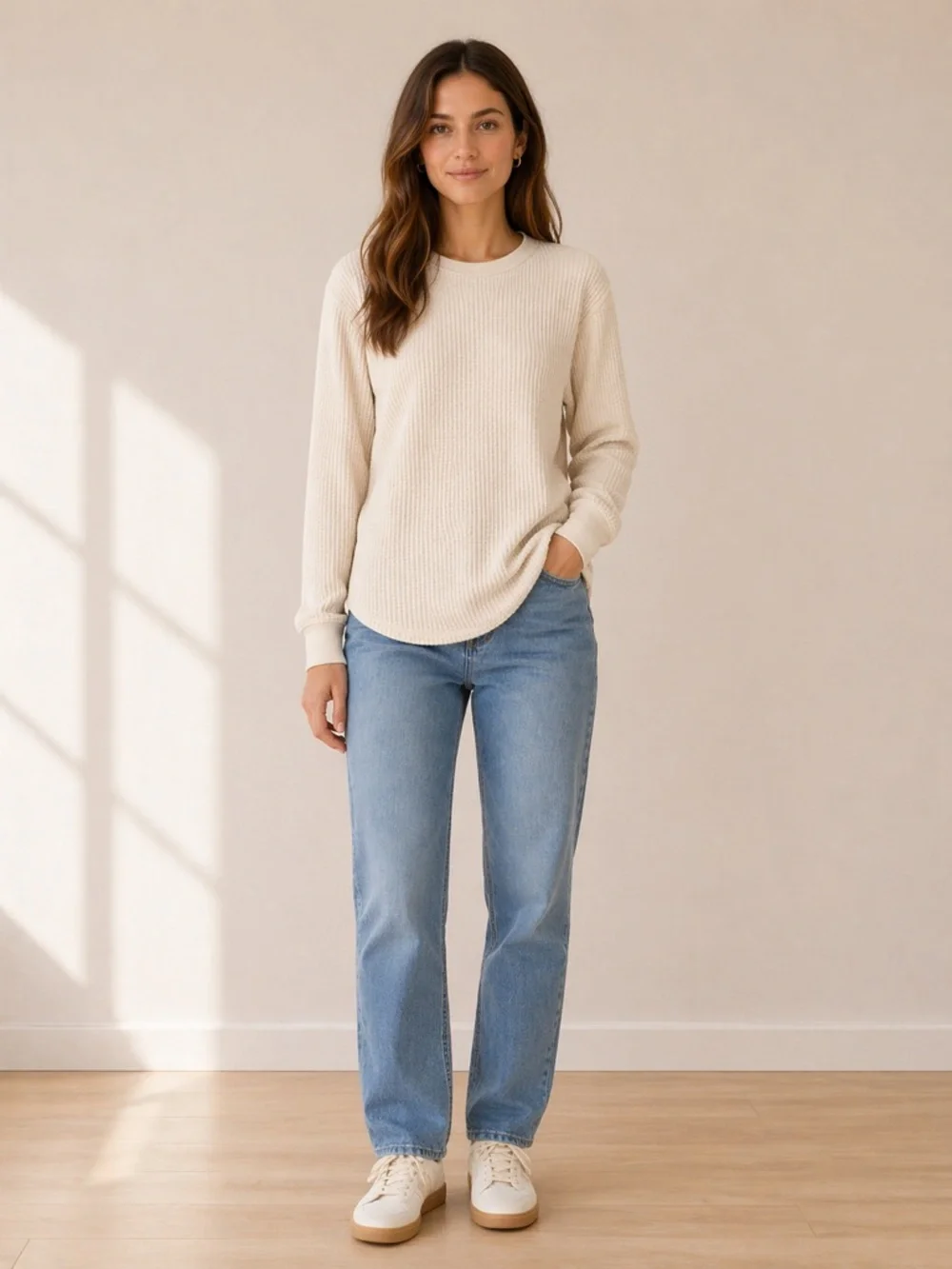 Uniqlo -  Cream Waffle Knit Long Sleeve Top - Women’s XS - Cozy Minimal Basic - Picture 2 of 11